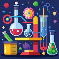 a drawing of a laboratory with a bottle of chemical test tubes vector