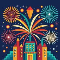 a poster with fireworks and a building with a building in the background vector