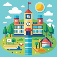 a picture of a school with a clock on the top of it vector