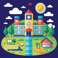 a picture of a school with a clock on the top of it illustration art vector