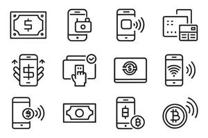 Cashless payment. Credit card, debit card, mobile app, such as NFC. money, bitcoin related editable icon set isolated flat illustration white background vector