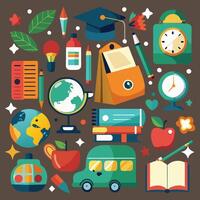 a collection of images including a clock a book and a book with a picture of a school bus vector