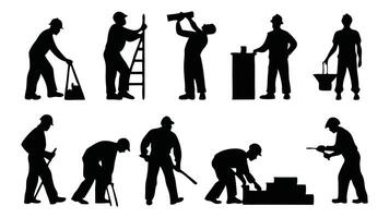Working builders set silhouettes isolated flat illustration on white background. vector