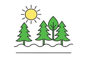 Representation of trees alongside a sun, capturing the essence of nature. isolated doodle line art flat illustration on white background. vector