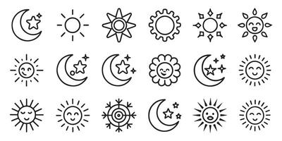 Sun and night moon with stars editable stroke outline icons set isolated flat illustration on white background. vector