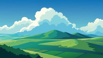 Aerial view of a lush green field under a sky filled with fluffy white clouds, showcasing nature's beauty from above flat illustration Nature background. vector