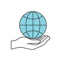 Hand grasping a globe icon, symbolizing global awareness and connection, set against a clean white background isolated doodle line art flat illustration on white background. vector