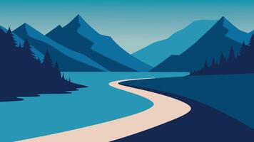 path winding through the mountains, leading to a tranquil lake surrounded by nature's beauty flat illustration Nature background vector