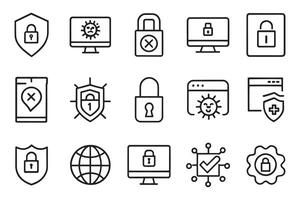 Cyber attack, hacker, unprotected, padlock, privacy, virus scan related editable icon set isolated flat illustration white background vector