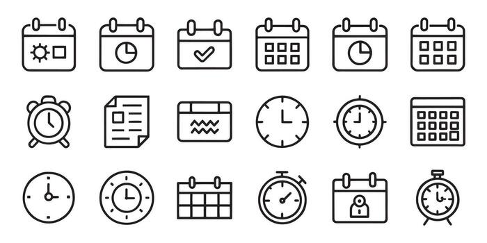tiempo, fecha y habla a relacionado editable carrera contorno íconos conjunto aislado plano ilustración en blanco antecedentes. vector