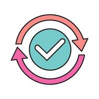 Circular design featuring a green check mark and a green arrow, representing success and positive direction isolated doodle line art flat illustration on white background. vector