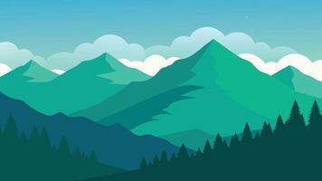 Lush green mountains rise beneath a sky filled with soft, white clouds, creating a serene and picturesque landscape flat illustration Nature background. vector
