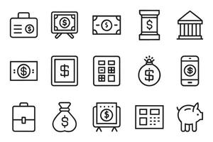 Bank Safe Deposit Box, Tips Jar, Pension Calculator and more related editable icon set isolated flat illustration white background. vector