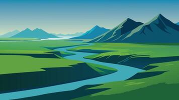Aerial view of Icelandic landscape showcasing vast green fields, rugged mountains, and winding rivers under a clear sky flat illustration Nature background vector
