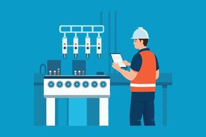 A worker inspecting equipment using a tablet isolated flat illustration. vector