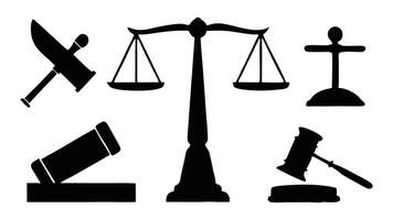 Judge gavel and scales of justice silhouettes set isolated flat illustration on white background vector