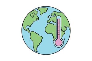 Thermometer is positioned above the Earth, indicating temperature levels in a global context isolated doodle line art flat illustration on white background. vector