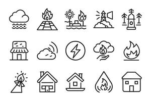 Natural disasters, pollution related editable icon set isolated flat illustration white background. vector