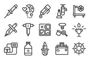 Tattoo machine, needle, paint, sketch, piercing related editable icon set isolated flat illustration white background. vector
