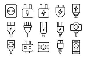 Standard charging connector plug and socket related editable icon set isolated flat illustration white background. vector