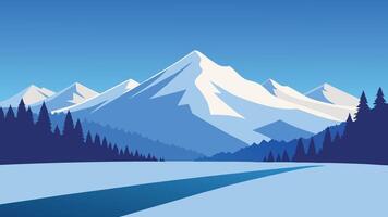 snowy field bordered by trees, with majestic mountains rising in the background under a clear blue sky flat illustration vector