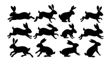 Rabbits run, jump silhouettes set isolated flat illustration on white background vector