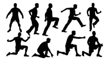 Diverse Man Running, sitting, jupming silhouettes set isolated flat illustration on white background. vector