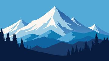 Snow covered mountains rise majestically, surrounded by trees blanketed in a thick layer of snow flat illustration. vector