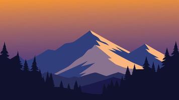 Snow covered trees in the mountains illuminated by the warm hues of sunset, creating a serene winter landscape flat illustration vector