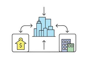 Visual representation of a house and a building, featuring arrows directed towards the right Line art doodle illustration on white background. vector