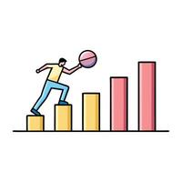 A man push ball above a bar chart line art with doodle isolated flat illustration white background vector