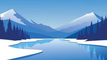 frozen lake surrounded by snow-covered trees, capturing the essence of winter's tranquility and beauty flat illustration Nature background vector