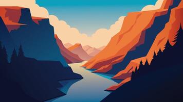 river meanders through a rocky canyon, surrounded by rugged rocks and lush trees flat illustration Nature background vector