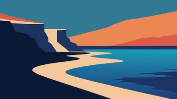 Beach featuring a stream flowing through it, bordered by a majestic cliff in the background flat illustration Nature background. vector