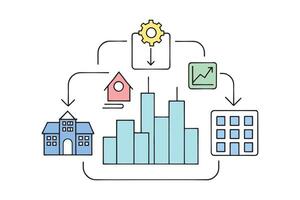 Building, and a city skyline, showcasing urban architecture in a minimalist style Line art doodle illustration on white background. vector