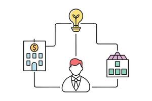 Businessman holding a light bulb in front of a modern building, symbolizing innovation and urban development Line art doodle illustration on white background vector