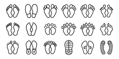 Human foot and shoe print related editable stroke outline icons set isolated flat illustration on white background. vector