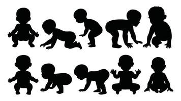 Baby crawling, sitting, laying, playing and standing silhouettes set isolated flat illustration on white background. vector