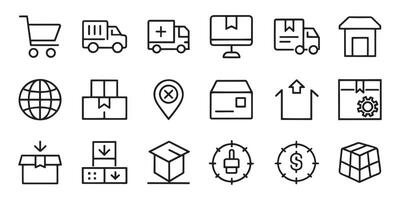 Package, parcel, box, delivery, distribution, import, export concept editable stroke outline icons set isolated flat illustration on white background. vector
