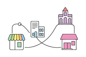 Showcasing a city with a church, highlighting urban architecture and religious symbolism Line art doodle illustration on white background. vector