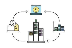 Business ecosystem featuring money and various buildings, symbolizing economic growth and development Line art doodle illustration on white background vector
