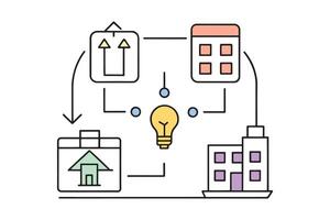 House alongside a light bulb and a building, illustrating a blend of home and urban elements Line art doodle illustration on white background vector