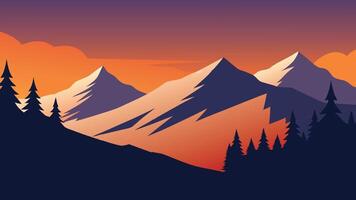 Snow covered trees in the mountains illuminated by the warm hues of sunset, creating a serene winter landscape flat illustration Nature background vector