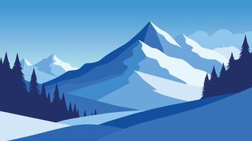 Snow covered trees stand majestically in the serene mountains, creating a picturesque winter landscape flat illustration Nature background vector