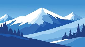 Snow covered trees atop a mountain, creating a serene winter landscape under a clear blue sky. flat illustration Nature background. vector