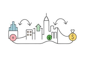 City featuring arrows and currency symbols, representing financial dynamics within urban life Line art doodle illustration on white background. vector