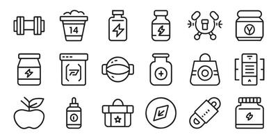 Sport supplements and fitness nutrition concept related editable stroke outline icons set isolated flat illustration on white background vector