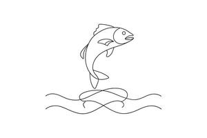 Fish jump on river line art flat illustration. vector