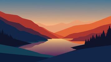 Sunset casts warm hues over a tranquil lake, framed by gentle hills flat illustration Nature background. vector
