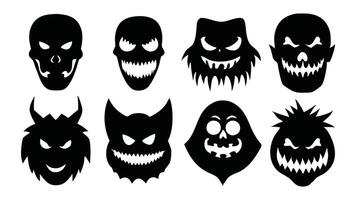 Horror and scary faces halloween silhouettes set isolated flat illustration on white background. vector